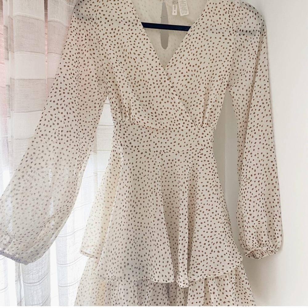 Boutique, Japan top long sleeve cream, and brown dot size small layer ruffle